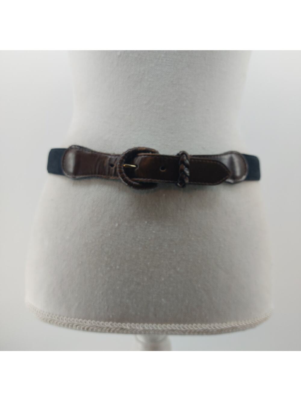 Talbots Black Suede Belt Brown Tip Weaved Buckle USA Size M